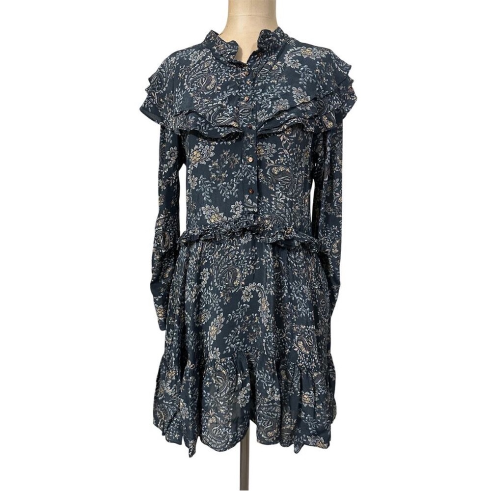 Nicholas Elsie Black Paisley Ruffle A-Line Long Sleeve Boho Mini Dress NWT - Picture 5 of 12